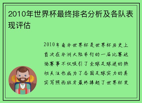 2010年世界杯最终排名分析及各队表现评估